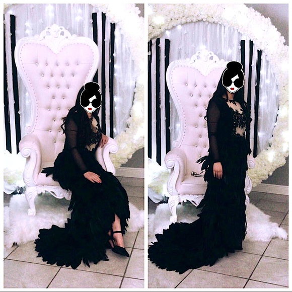 Feather Long Maxi Prom Embellished Gown Dress - Picture 3 of 12